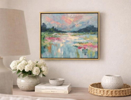 Original Painting by Mechelle Flowers "After The Rain" Acrylic on Canvas Framed in Gold Floating Frame Size 16x20 displayed on wall