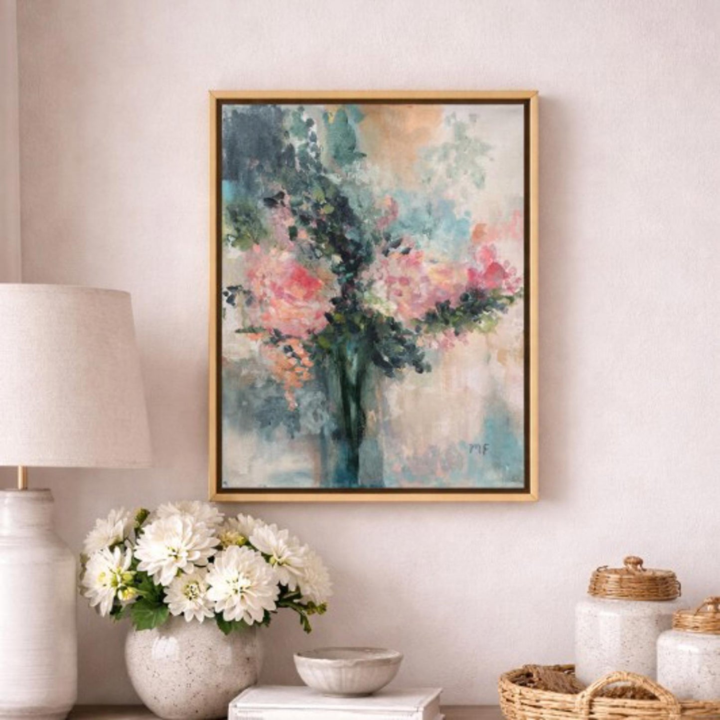 Original Painting by Mechelle Flowers — “Blush & Verdigris” on wall, featuring expressive floral arrangement with blush and teal colors.