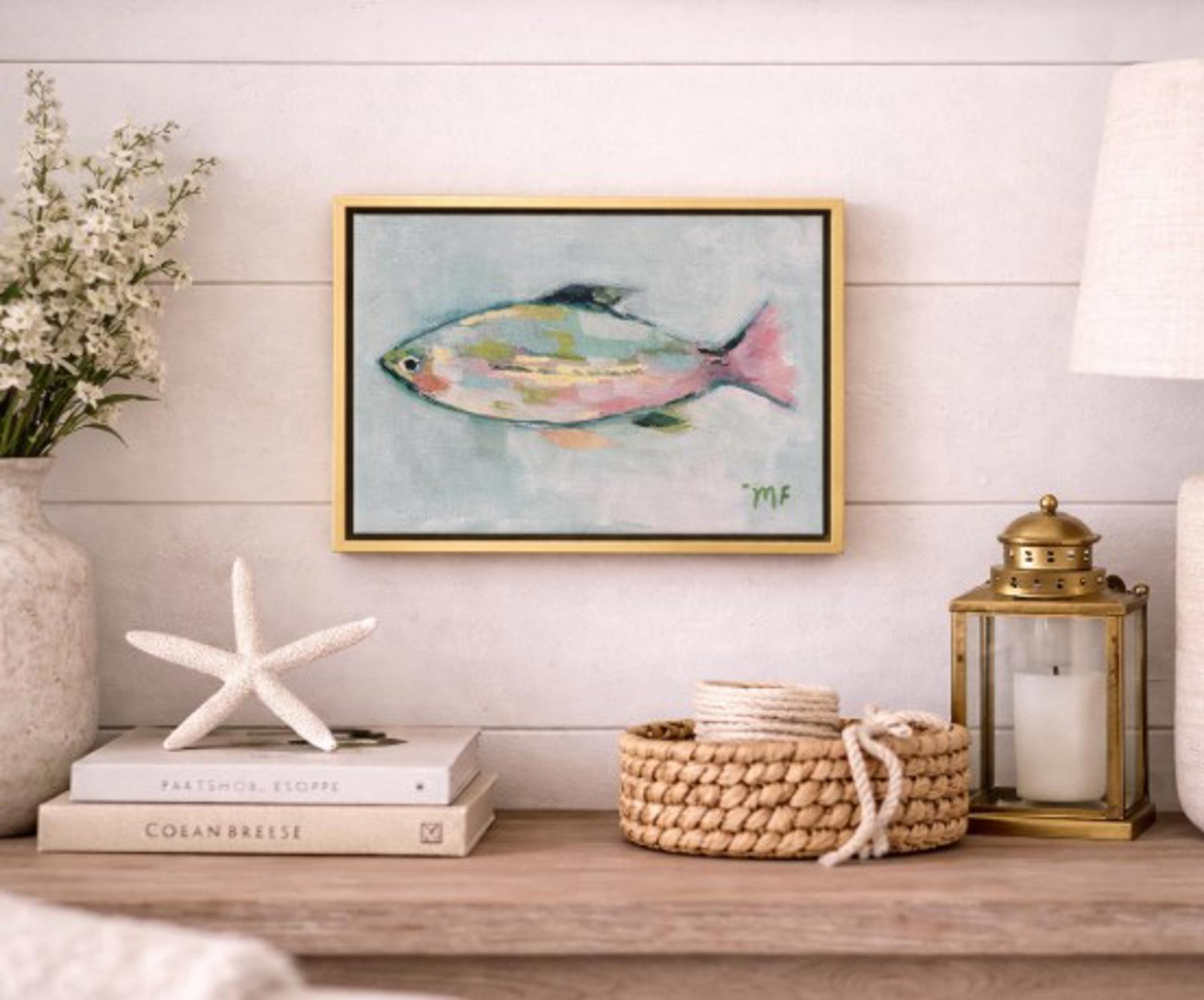 Original Painting by Mechelle Flowers — “Patchwork Current” 8x10 on Canvas Framed in Gold Floating Frame, depicting a stylized fish