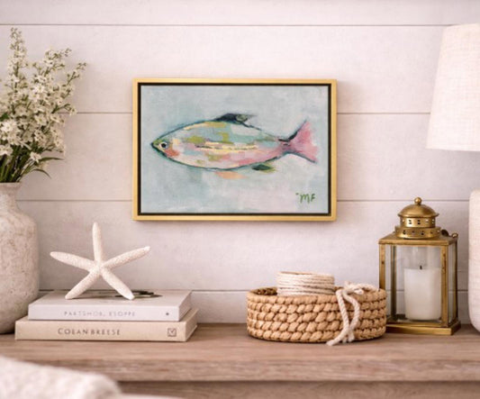 Original Painting by Mechelle Flowers — “Patchwork Current” 8x10 on Canvas Framed in Gold Floating Frame, depicting a stylized fish