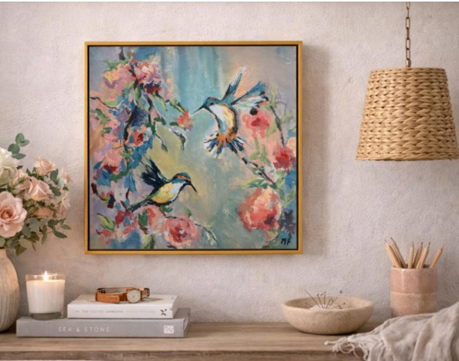 Original Painting by Mechelle Flowers — “Garden in Motion” 12x12 Framed in Floating Gold Frame with hummingbirds and florals