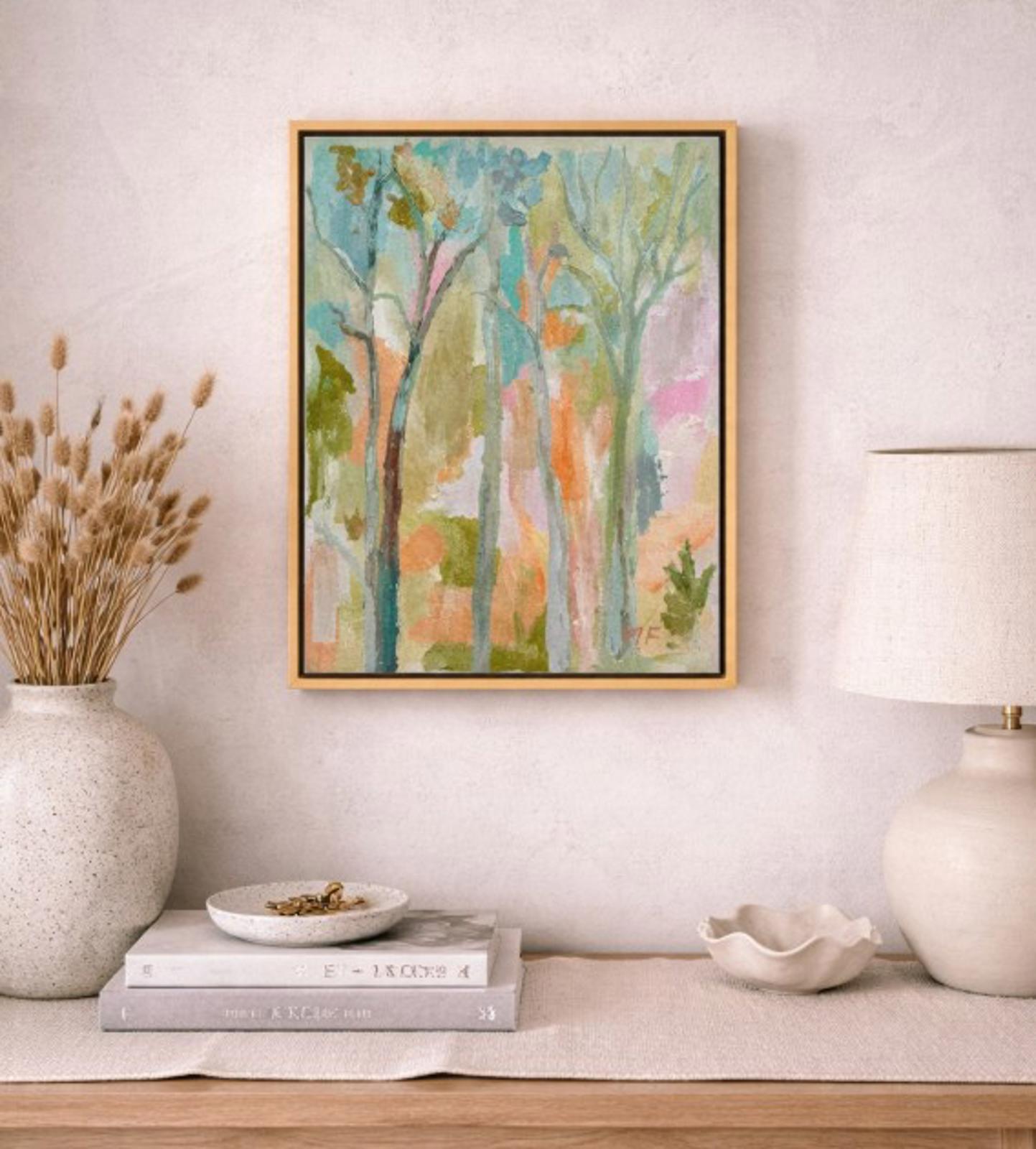 Original Painting by Mechelle Flowers — “Vertical Quiet” 11x14 Framed in Gold Floating Frame showcasing a colorful woodland scene.