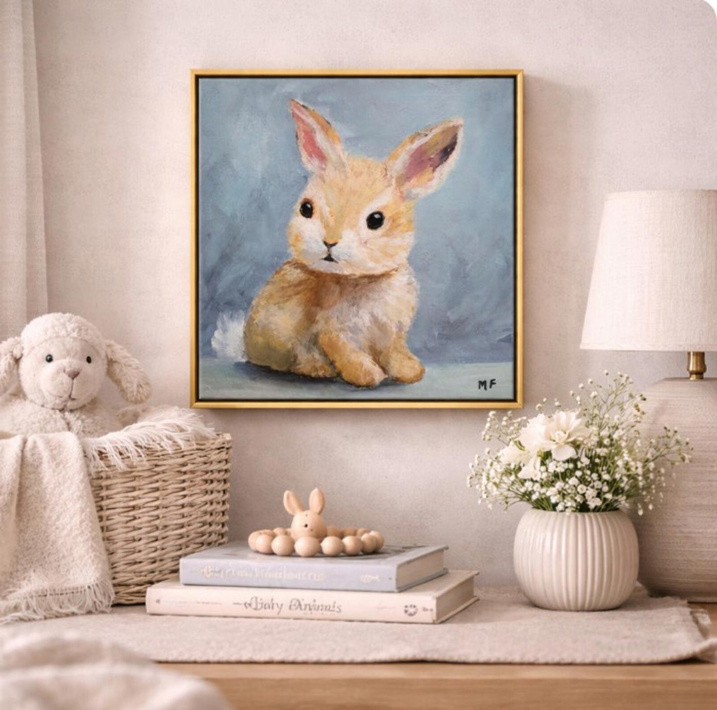 Original Painting by Mechelle Flowers — “Little Watcher” 12x12 Framed in Floating Frame, featuring a rabbit portrait on blue-gray background.