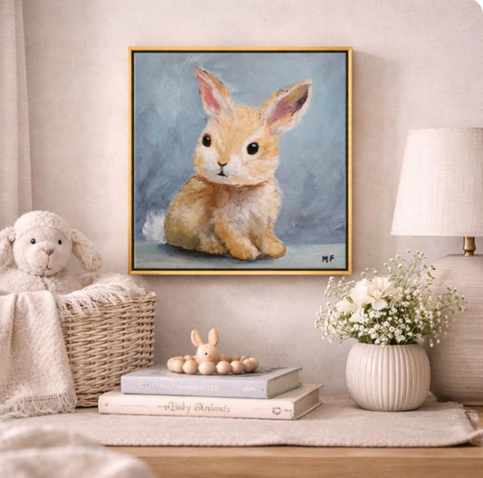 Original Painting by Mechelle Flowers — “Little Watcher” 12x12 Framed in Floating Frame, featuring a rabbit portrait on blue-gray background.