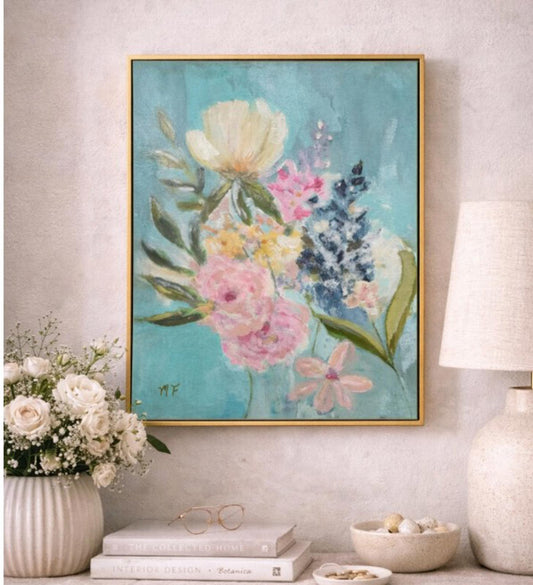 Original Painting by Mechelle Flowers — “Summer Arrangement” 16x20 Framed in Gold Floating Frame; acrylic bouquet on turquoise.