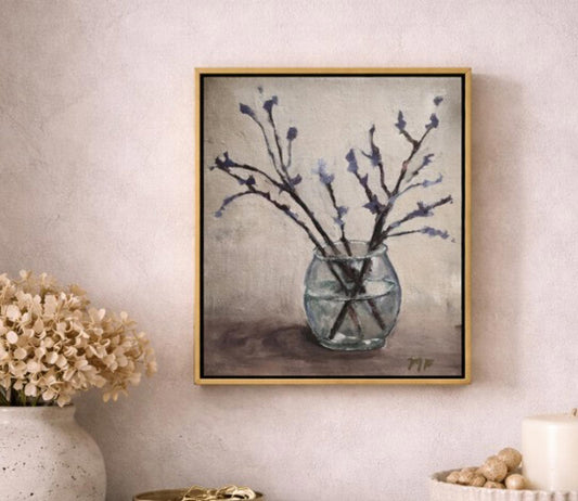 Original Painting by Mechelle Flowers — “Quiet Branches” 8x10 Framed in Gold Floating Frame, featuring budding branches in glass.