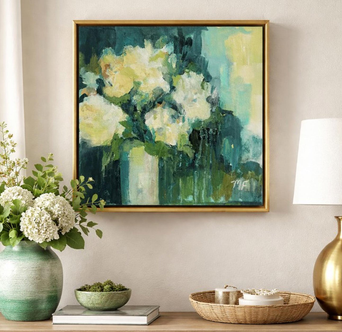 Original Painting by Mechelle Flowers "Verdant Whisper" Size 12x12 On Wood Panel Framed In A Gold Floater Frame