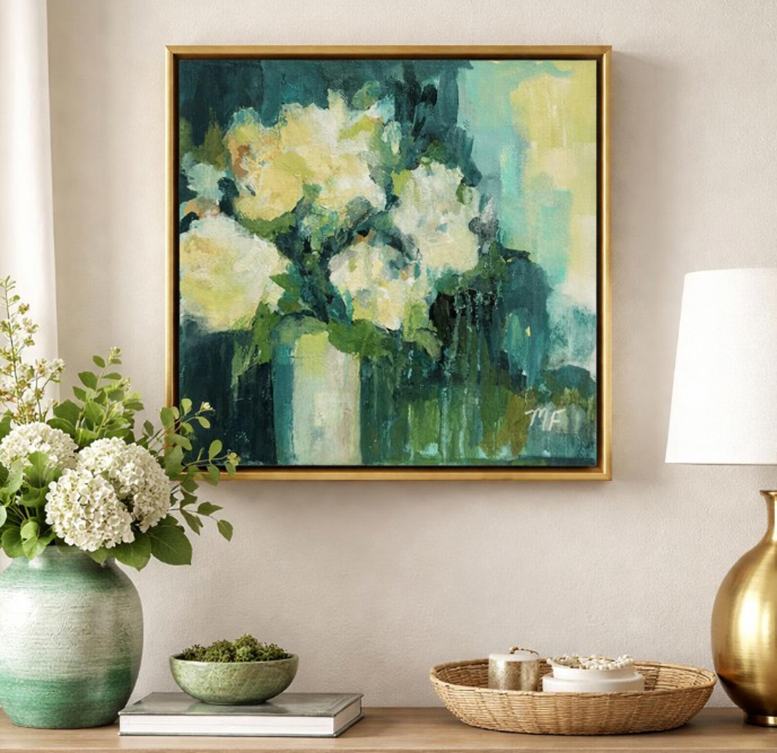 Original Painting by Mechelle Flowers "Verdant Whisper" Size 12x12 On Wood Panel Framed In A Gold Floater Frame