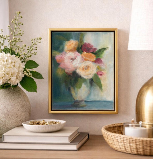 Original Painting by Mechelle Flowers "Blush & Apricot Bouquet" Size 8x10 On Wood Panel Framed In A Gold Floater Frame