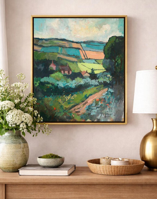 Original Painting by Mechelle Flowers "Emerald Valley Overlook" Size 12x16 On Canvas Framed In A Gold Floater Frame.