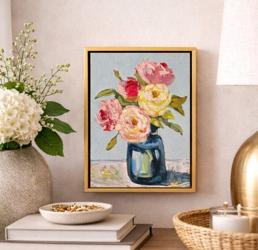 Original Painting by Mechelle Flowers "Blue Jar Bouquet" Size 8x10 On Canvas Framed In A Gold Floater with vibrant florals.