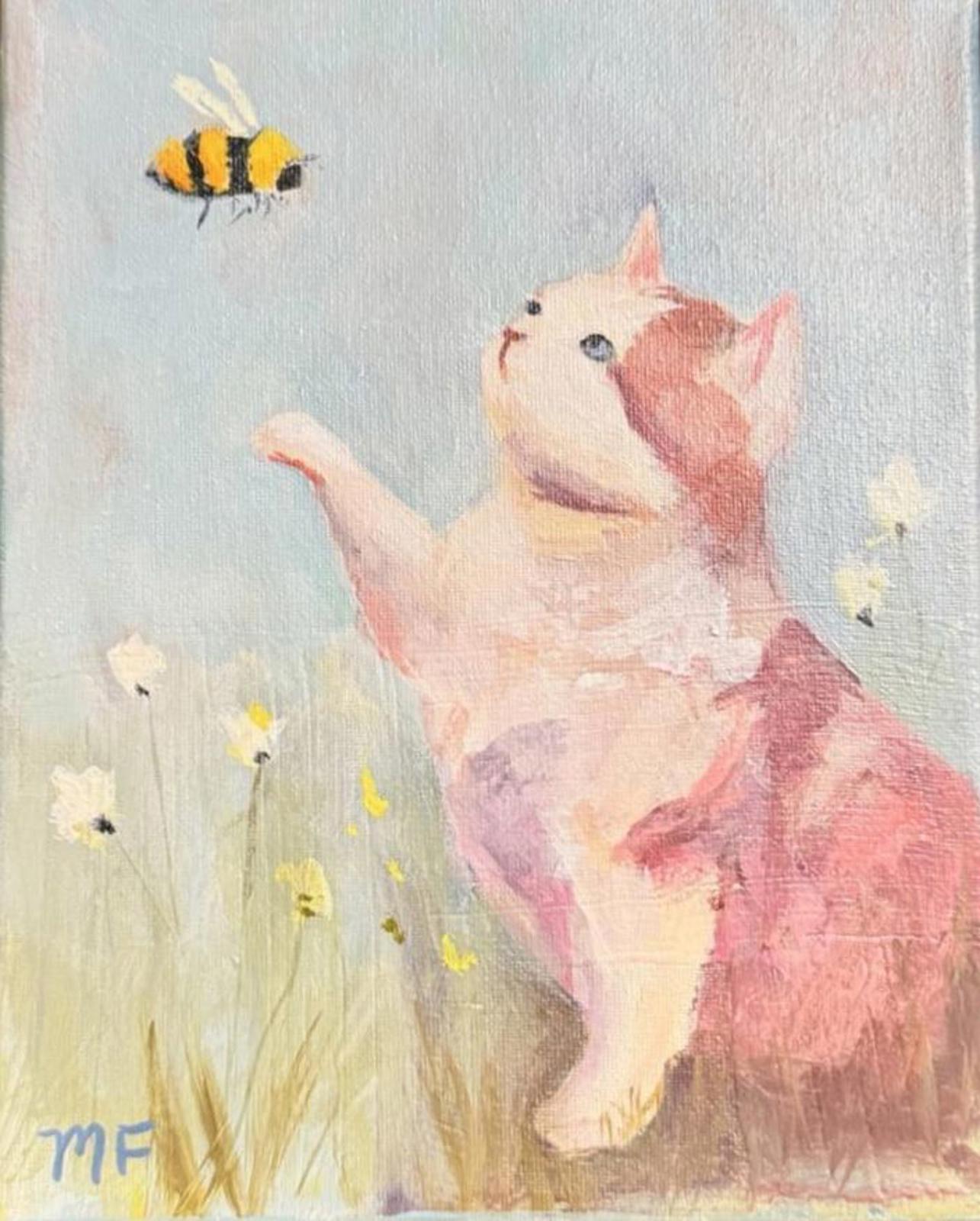 Illustration of a cat looking at a bee among flowers