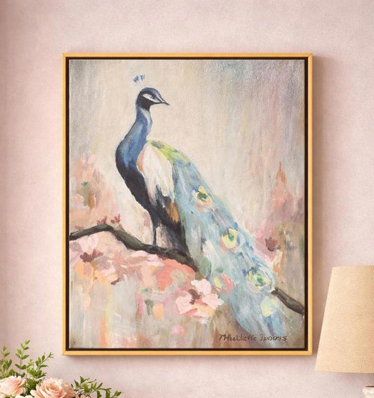 Framed painting of a peacock on a floral branch with a gold frame.