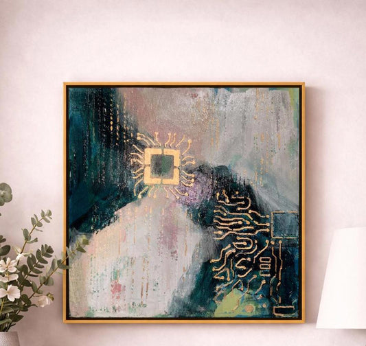 Abstract painting with gold accents in a wooden frame on a wall.