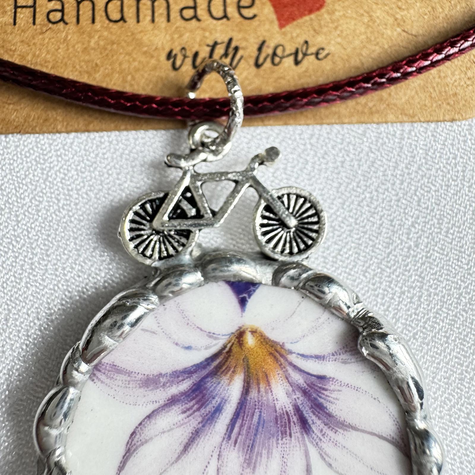 Pendant from Vintage China Jewelry Set – Pendant & Earrings – Handmade Gift, featuring a floral scene with a bicycle design accent.