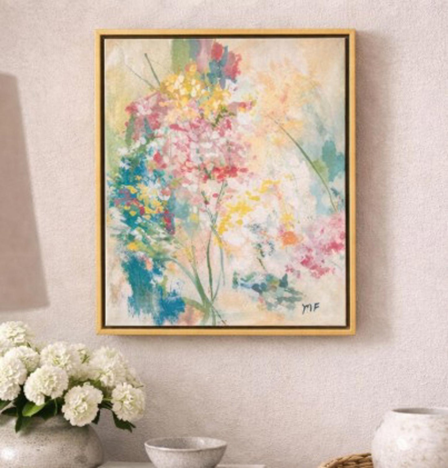 Original Painting by Mechelle Flowers “Wild Bloom Study” 11"x14"— Gold Floating Frame, showcasing vibrant floral abstract art.