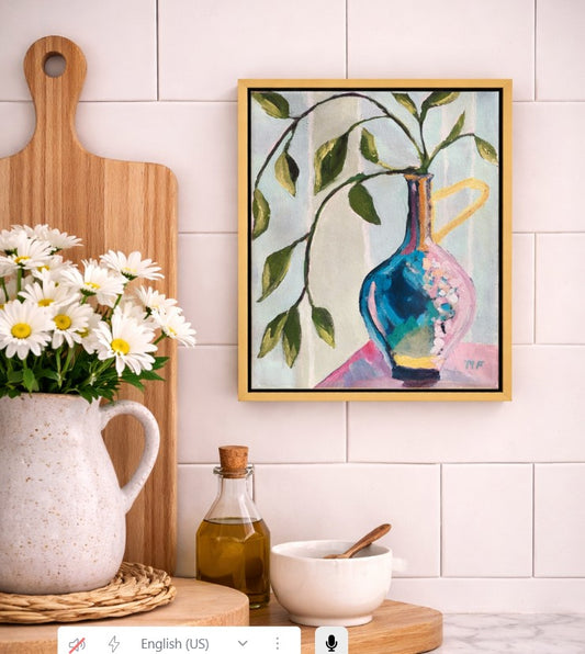 Original Painting by Mechelle Flowers of "Botanical Reverie" size 8x10 in Gold Floater Frame, featuring green leaves and vase